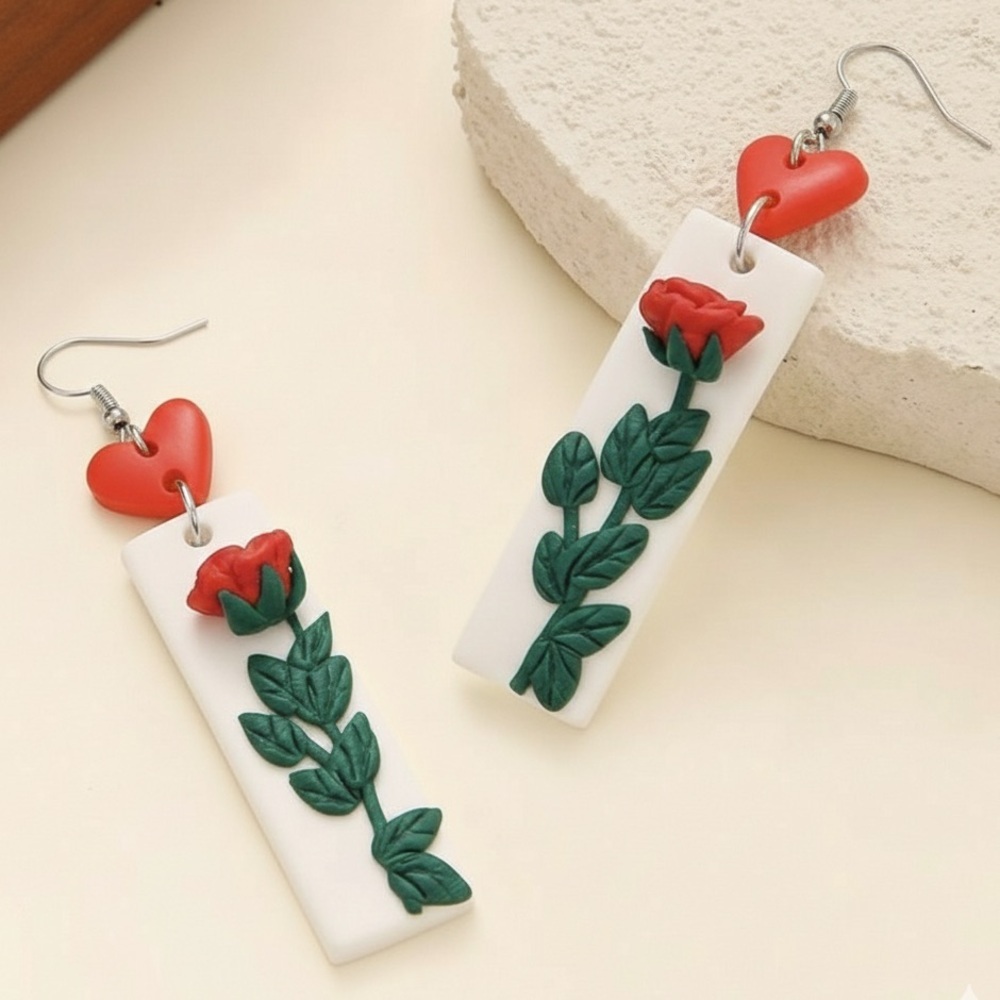 Rose Heart Dangle - Handmade Clay Earrings - Valentine’s Day
